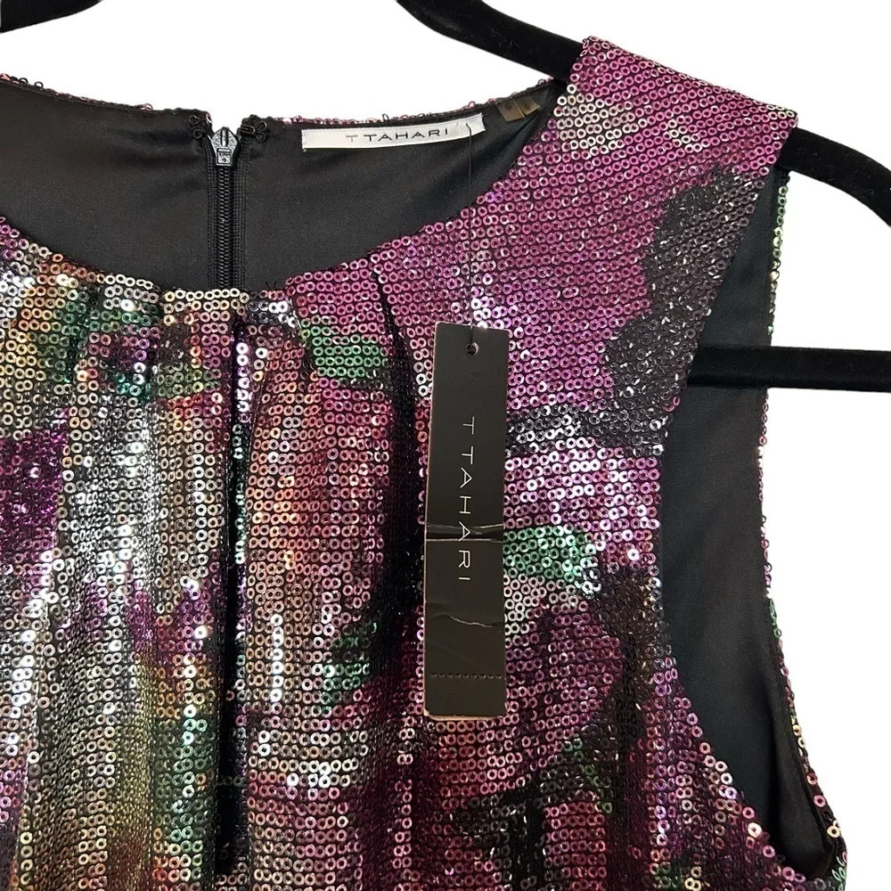 T Tahari Helena Black/Multi Color Floral Sequin Sleeveless Pleated Collar Dress - Picture 10 of 16